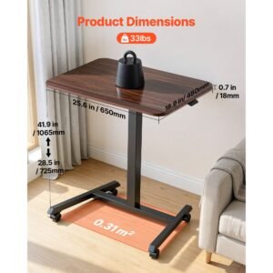 standing desk, adjustable height mobile stand up desk with 4 casters, 25.6 x 19 in small computer sit stand rolling workstation with hook, 33 lbs desktop capacity, ideal for home office, brown
