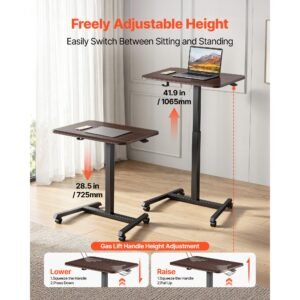 standing desk, adjustable height mobile stand up desk with 4 casters, 25.6 x 19 in small computer sit stand rolling workstation with hook, 33 lbs desktop capacity, ideal for home office, brown