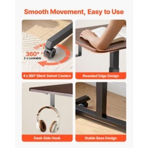 standing desk, adjustable height mobile stand up desk with 4 casters, 25.6 x 19 in small computer sit stand rolling workstation with hook, 33 lbs desktop capacity, ideal for home office, brown