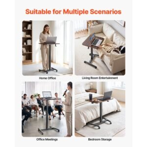 standing desk, adjustable height mobile stand up desk with 4 casters, 25.6 x 19 in small computer sit stand rolling workstation with hook, 33 lbs desktop capacity, ideal for home office, brown