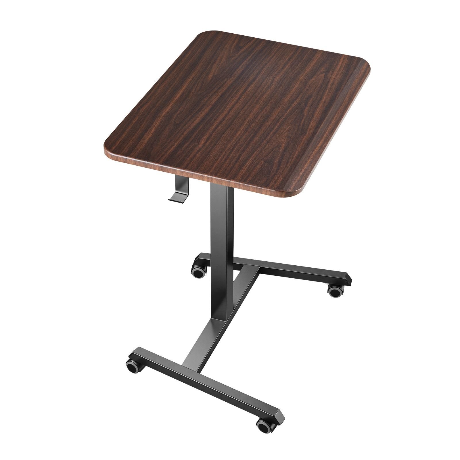 standing desk, adjustable height mobile stand up desk with 4 casters, 25.6 x 19 in small computer sit stand rolling workstation with hook, 33 lbs desktop capacity, ideal for home office, brown
