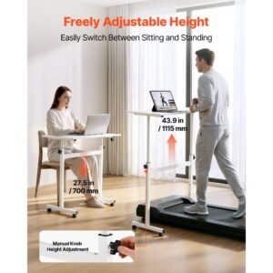 standing desk, adjustable height mobile stand up desk with lockable casters, 32 x 16 in small computer sit stand rolling workstation with hook, 55.1 lbs desktop capacity, for home office, white