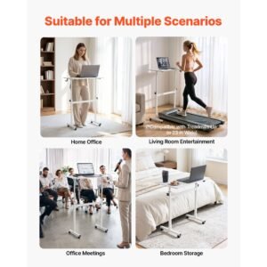standing desk, adjustable height mobile stand up desk with lockable casters, 32 x 16 in small computer sit stand rolling workstation with hook, 55.1 lbs desktop capacity, for home office, white