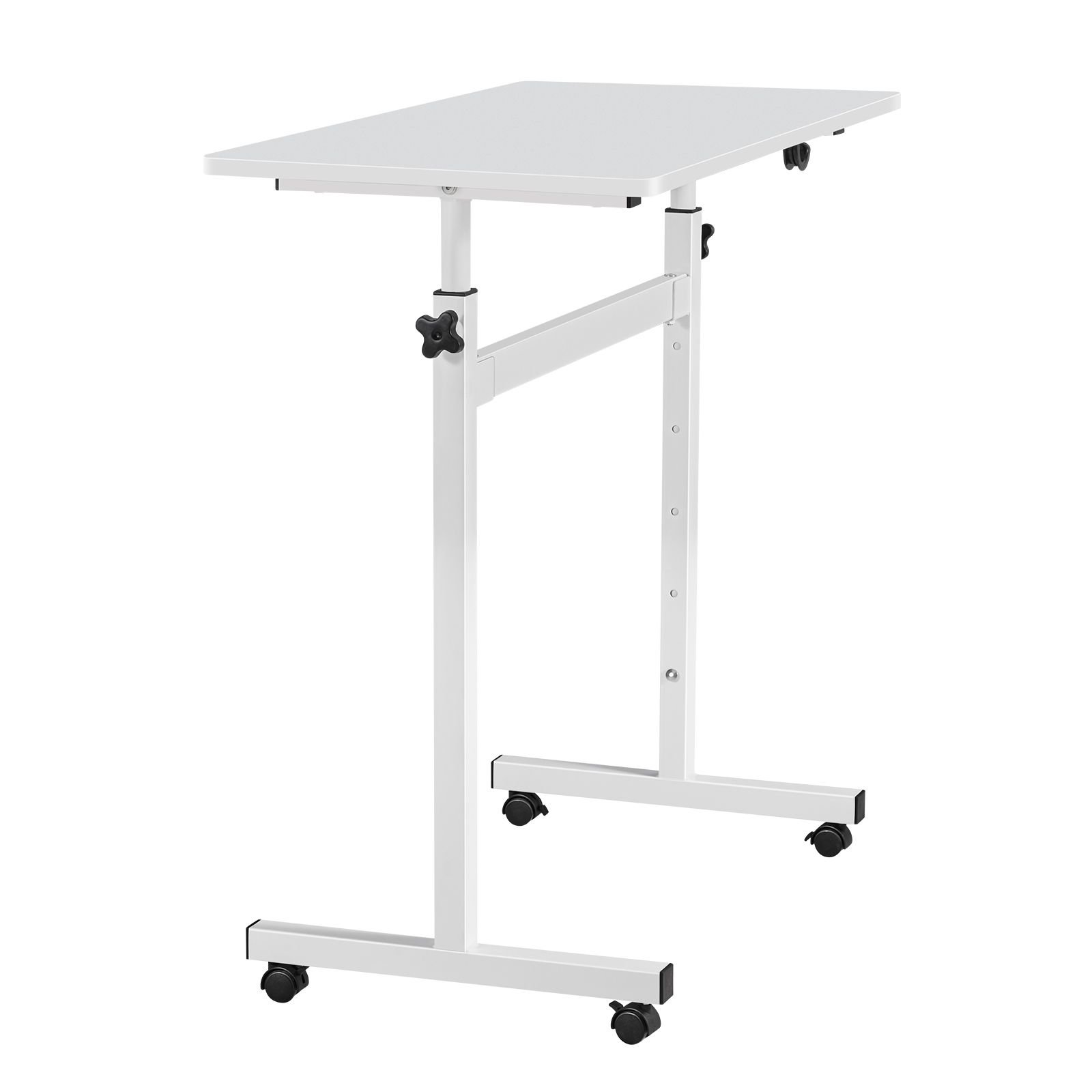 standing desk, adjustable height mobile stand up desk with lockable casters, 32 x 16 in small computer sit stand rolling workstation with hook, 55.1 lbs desktop capacity, for home office, white