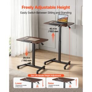 standing desk, adjustable height mobile stand up desk with tilting desktop, 25.6 x 19 in small computer sit stand rolling workstation with 4 casters, 33 lbs capacity, ideal for home office