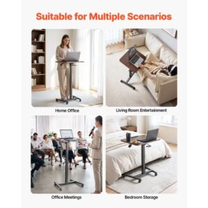 standing desk, adjustable height mobile stand up desk with tilting desktop, 25.6 x 19 in small computer sit stand rolling workstation with 4 casters, 33 lbs capacity, ideal for home office