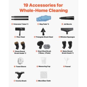 steam cleaner, 51 oz tank, steamer for cleaning with 19 accessories, extended power cord and hose, portable handle, fast heating, powerful canister steam cleaner for home, car detailing, floors