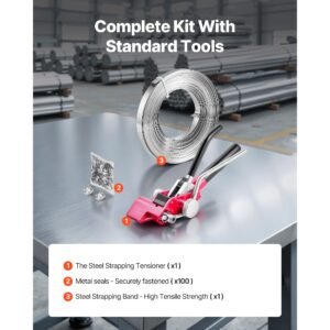 steel banding strapping kit, heavy duty banding sealer tool with 100 ft binding straps, 100 metal clasps, manual pallet packaging strapping kit for warehouse, transportation, industrial bundling