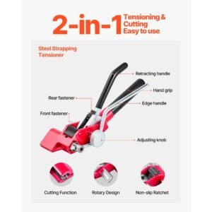 steel banding strapping kit, heavy duty banding sealer tool with 100 ft binding straps, 100 metal clasps, manual pallet packaging strapping kit for warehouse, transportation, industrial bundling