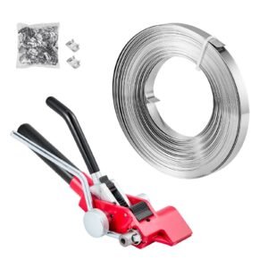 Steel Banding Strapping Kit, Heavy Duty Banding Sealer Tool with 100 ft Binding Straps, 100 Metal Clasps, Manual Pallet Packaging Strapping Kit for Warehouse, Transportation, Industrial Bundling