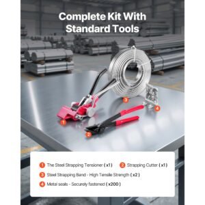 steel banding strapping kit, heavy duty banding sealer tool with 200 ft binding straps, 200 metal clasps, manual pallet packaging strapping kit for warehouse, transportation, industrial bundling
