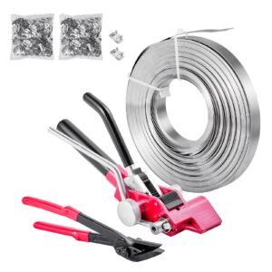 Steel Banding Strapping Kit, Heavy Duty Banding Sealer Tool with 200 ft Binding Straps, 200 Metal Clasps, Manual Pallet Packaging Strapping Kit for Warehouse, Transportation, Industrial Bundling