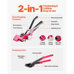 steel banding strapping kit, heavy duty banding sealer tool with 400 ft binding straps, 400 metal clasps, manual pallet packaging strapping kit for warehouse, transportation, industrial bundling