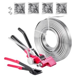 Steel Banding Strapping Kit, Heavy Duty Banding Sealer Tool with 400 ft Binding Straps, 400 Metal Clasps, Manual Pallet Packaging Strapping Kit for Warehouse, Transportation, Industrial Bundling
