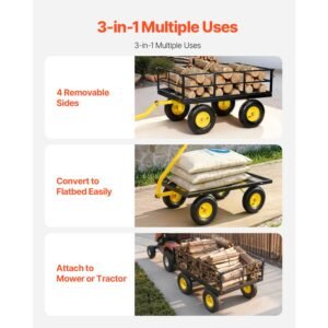 steel garden cart, 1200 lbs heavy duty pullable garden wagon yard cart, 2 in 1 outdoor metal utility wagon yard trailer with 13" all terrain tires, mesh detachable sides and 180° rotating handle