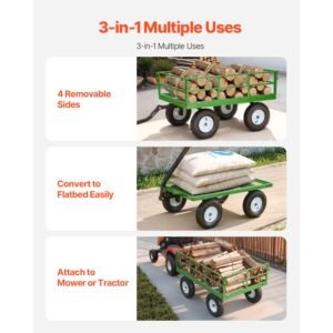 steel garden cart, 1200 lbs heavy duty pullable garden wagon yard cart, 2 in 1 outdoor metal utility wagon yard trailer with 13" all terrain tires, mesh detachable sides and 180° rotating handle