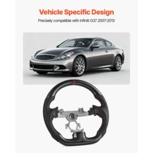 steering wheel for 2007 2013 infiniti g37, carbon fiber steering wheel d shaped flat bottom, leather grip with non slip texture & precise stitching, accessories replacement for infiniti, black