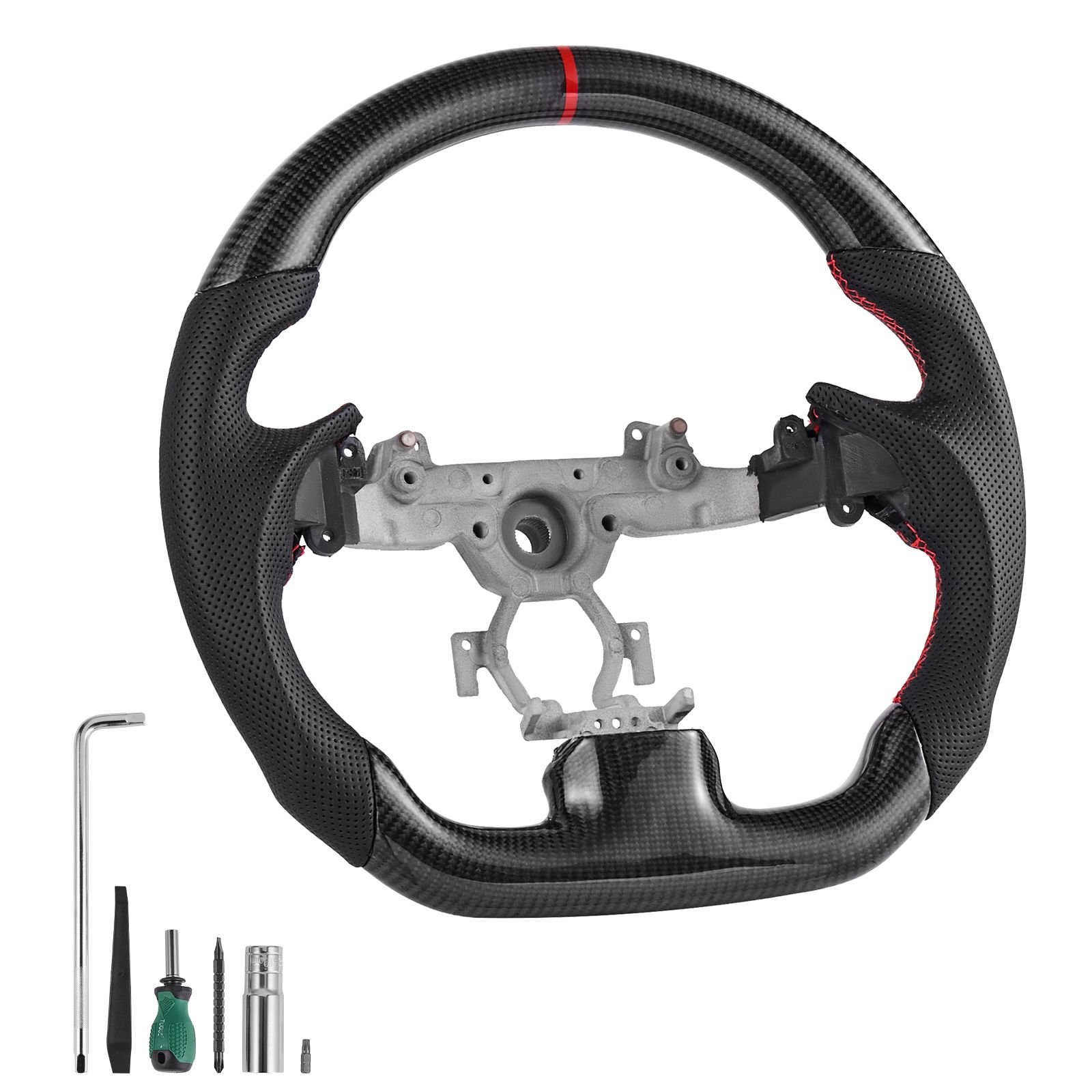 steering wheel for 2007 2013 infiniti g37, carbon fiber steering wheel d shaped flat bottom, leather grip with non slip texture & precise stitching, accessories replacement for infiniti, black
