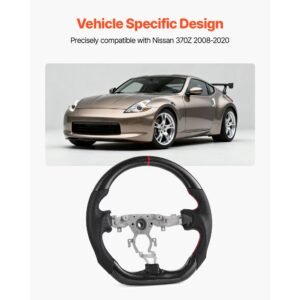 steering wheel for 2008 2020 nissan 370z, carbon fiber steering wheel d shaped flat bottom, leather grip with non slip texture & precise stitching, accessories replacement for nissan 370z, black
