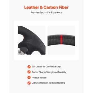 steering wheel for 2008 2020 nissan 370z, carbon fiber steering wheel d shaped flat bottom, leather grip with non slip texture & precise stitching, accessories replacement for nissan 370z, black