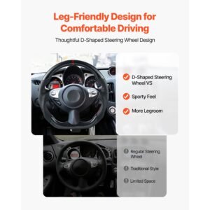 steering wheel for 2008 2020 nissan 370z, carbon fiber steering wheel d shaped flat bottom, leather grip with non slip texture & precise stitching, accessories replacement for nissan 370z, black