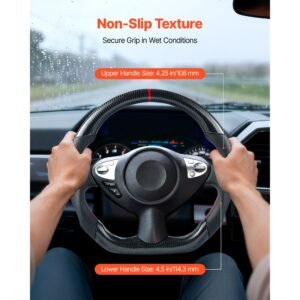 steering wheel for 2008 2020 nissan 370z, carbon fiber steering wheel d shaped flat bottom, leather grip with non slip texture & precise stitching, accessories replacement for nissan 370z, black