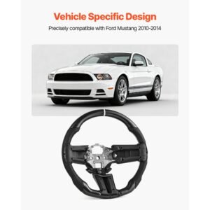 steering wheel for 2010 2014 ford mustang, carbon fiber steering wheel d shaped flat bottom, leather grip with non slip texture & precise stitching, accessories replacement for mustang, black
