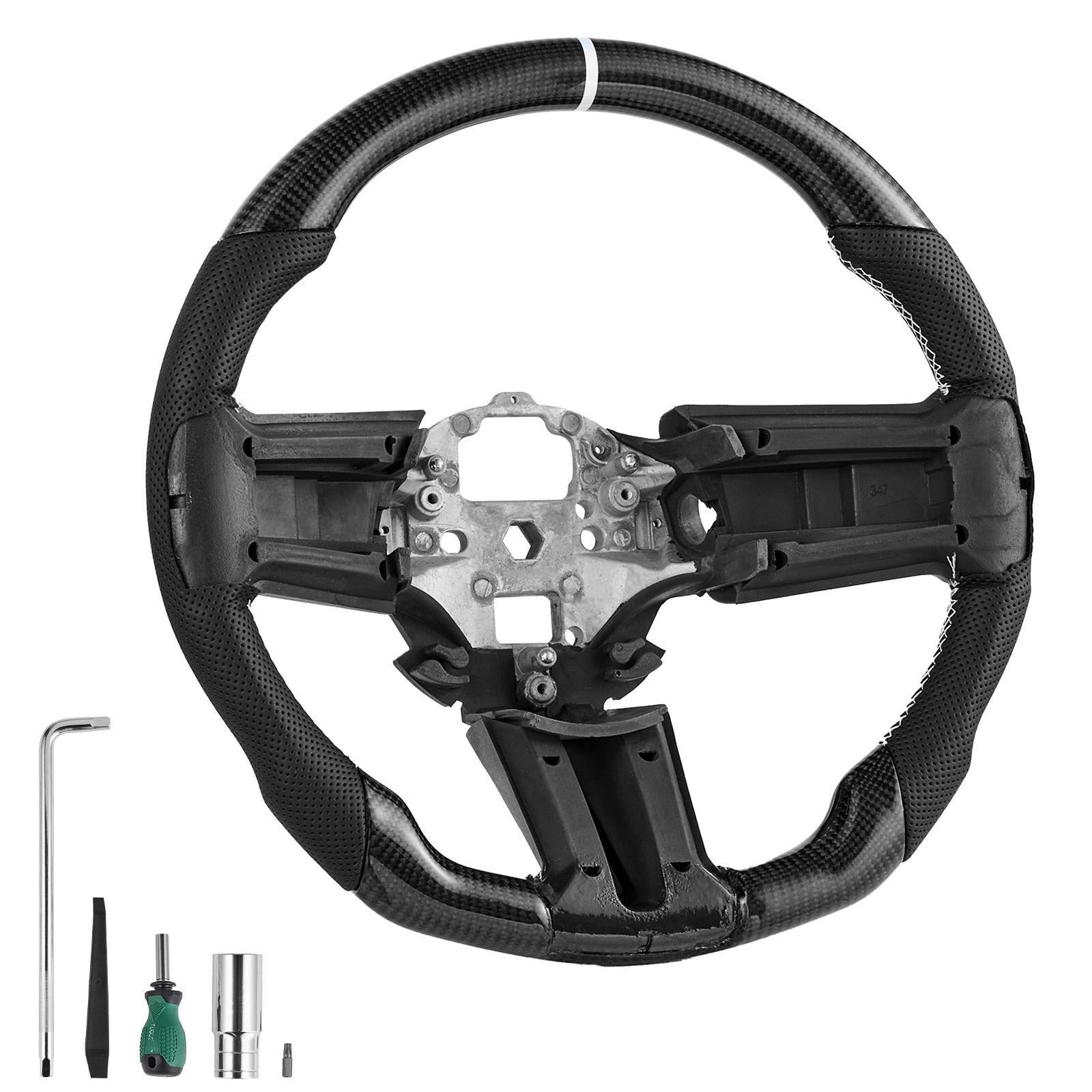 steering wheel for 2010 2014 ford mustang, carbon fiber steering wheel d shaped flat bottom, leather grip with non slip texture & precise stitching, accessories replacement for mustang, black