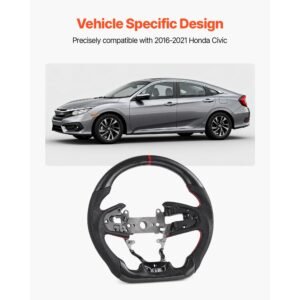 steering wheel for 2016 2021 honda civic, carbon fiber steering wheel d shaped flat bottom, leather grip with non slip texture & precise stitching, accessories replacement for honda civic, black