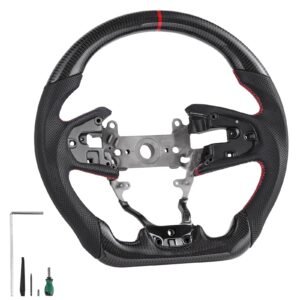 Steering Wheel for 2016-2021 Honda Civic, Carbon Fiber Steering Wheel D-Shaped Flat-Bottom, Leather Grip with Non-Slip Texture & Precise Stitching, Accessories Replacement for Honda Civic, Black