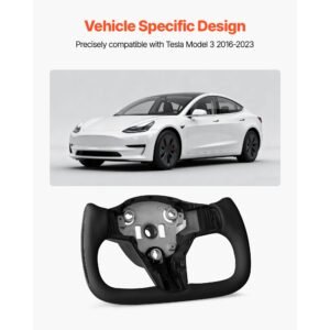 steering wheel for 2016 2023 tesla model 3, carbon fiber steering wheel d shaped flat bottom with heating function, leather grip with non slip texture, accessories replacement for model 3, black