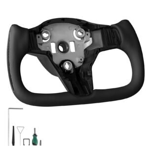 Steering Wheel for 2016-2023 Tesla Model 3, Carbon Fiber Steering Wheel D-Shaped Flat-Bottom with Heating Function, Leather Grip with Non-Slip Texture, Accessories Replacement for Model 3, Black