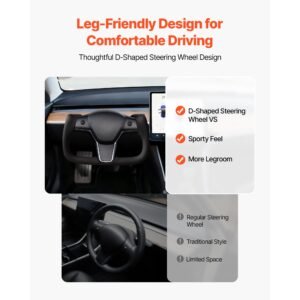 steering wheel for 2016 2023 tesla model 3, carbon fiber steering wheel d shaped flat bottom with heating function, leather grip with non slip texture, accessories replacement for model 3, black
