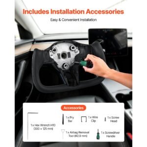 steering wheel for 2016 2023 tesla model 3, carbon fiber steering wheel d shaped flat bottom with heating function, leather grip with non slip texture, accessories replacement for model 3, black