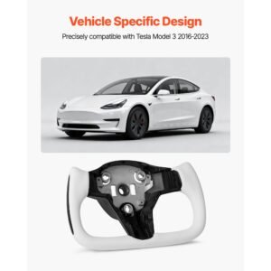 steering wheel for 2016 2023 tesla model 3, carbon fiber steering wheel d shaped flat bottom with heating function, leather grip with non slip texture, accessories replacement for model 3, white