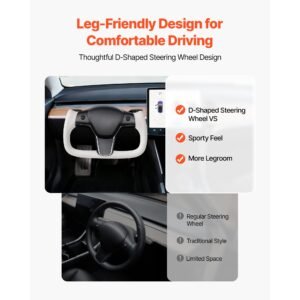 steering wheel for 2016 2023 tesla model 3, carbon fiber steering wheel d shaped flat bottom with heating function, leather grip with non slip texture, accessories replacement for model 3, white