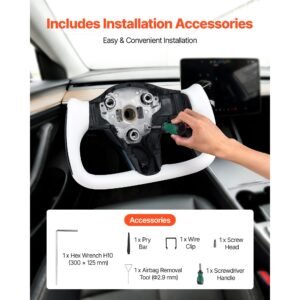 steering wheel for 2016 2023 tesla model 3, carbon fiber steering wheel d shaped flat bottom with heating function, leather grip with non slip texture, accessories replacement for model 3, white