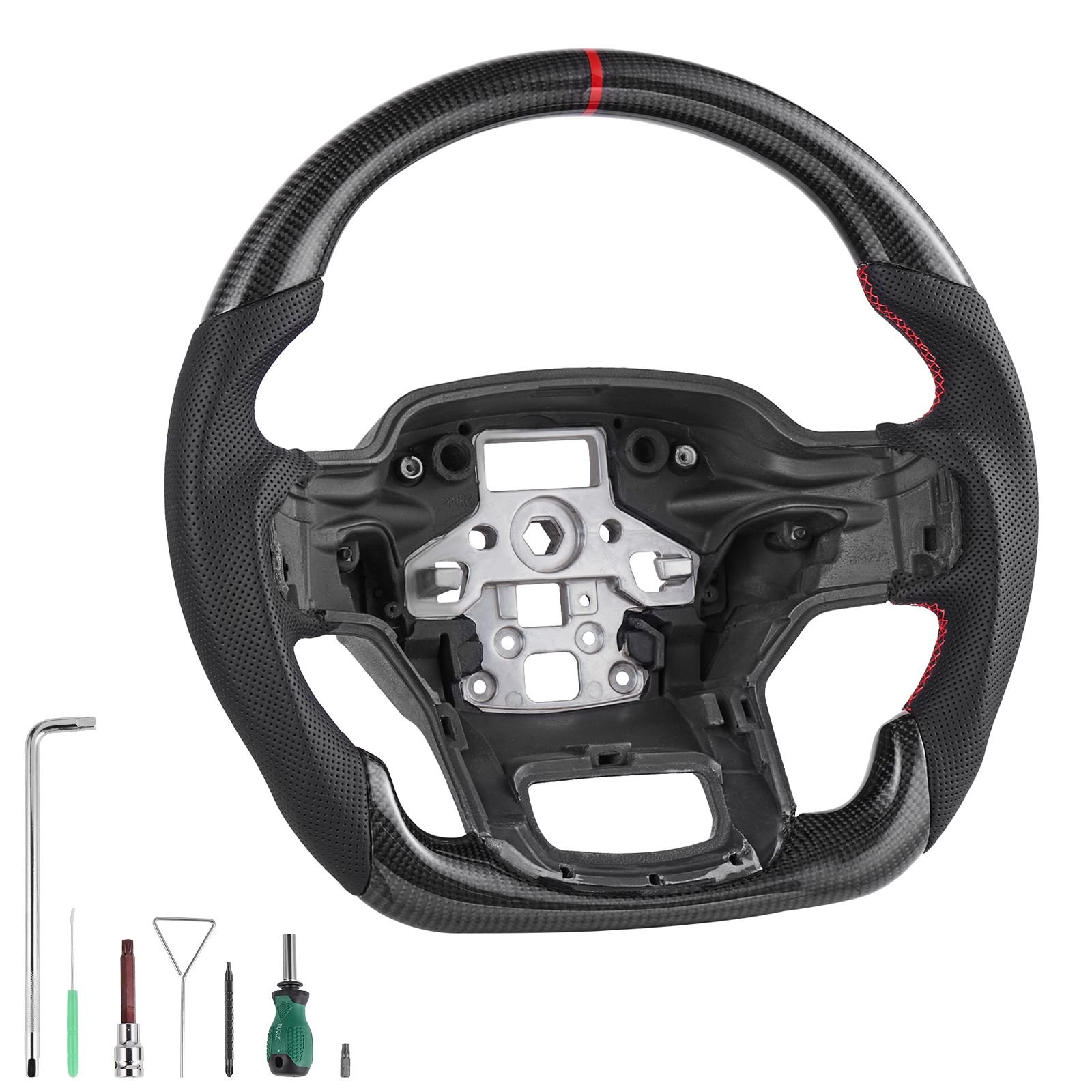 steering wheel for 2021 2024 ford f150, carbon fiber steering wheel d shaped flat bottom, leather grip with non slip texture & precise stitching, accessories replacement for ford f150, black