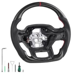 Steering Wheel for 2021-2024 Ford F150, Carbon Fiber Steering Wheel D-Shaped Flat-Bottom with Heating Function, Leather Grip with Non-Slip Texture, Accessories Replacement for Ford F150, Black