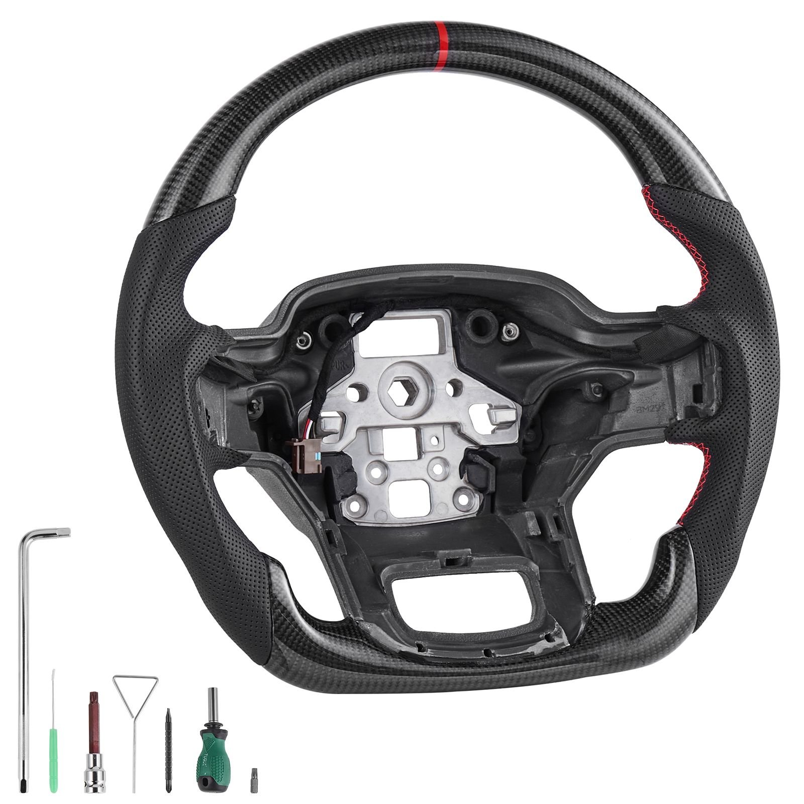 steering wheel for 2021 2024 ford f150, carbon fiber steering wheel d shaped flat bottom with heating function, leather grip with non slip texture, accessories replacement for ford f150, black