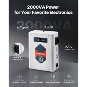 step up voltage converter, 2000va, heavy duty voltage power converter, 110v to 220v power transformer, with 2 eu outlets, usb output, lcd display, temperature protection, for 220v appliances
