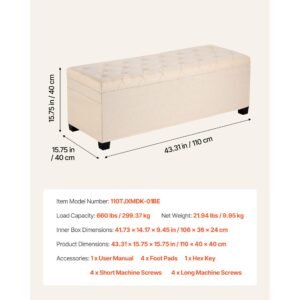 storage ottoman bench, button tufted end of bed bench with side bags, flip up upholstered storage chest with metal frame, linen bed ottoman for living room, bedroom, entryway, office, beige