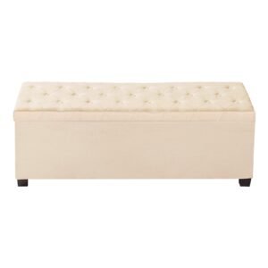 storage ottoman bench, button tufted end of bed bench with side bags, flip up upholstered storage chest with metal frame, linen bed ottoman for living room, bedroom, entryway, office, beige