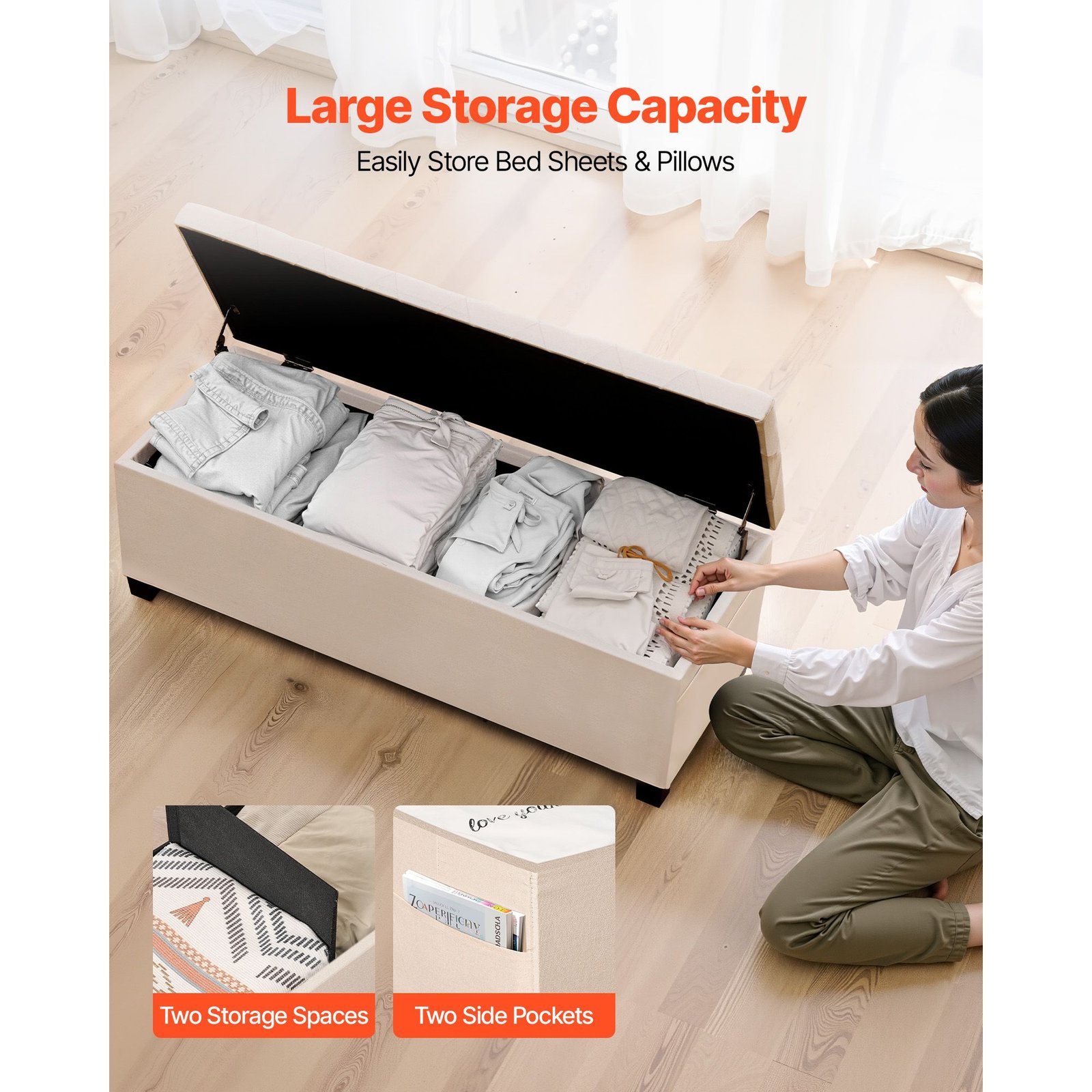 storage ottoman bench, button tufted end of bed bench with side bags, flip up upholstered storage chest with metal frame, linen bed ottoman for living room, bedroom, entryway, office, beige