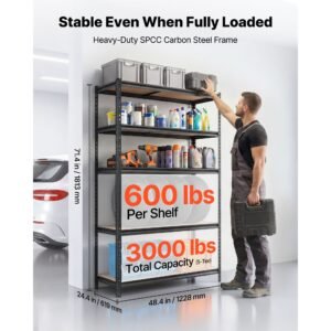 storage shelves, 5 tier adjustable, 3000 lbs capacity, heavy duty garage storage shelving unit, metal utility rack shelf, for garage workshop warehouse basement, 48.35" w x 24.37" d x 71.38" h