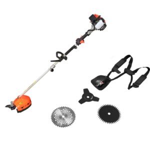 String Trimmer, 26cc 2 in 1 Weed Wacker Gas Powered, 17" Cordless Grass Trimmer with 10" Brush Cutter, Shoulder Strap & 3T Blade, 2-Stroke Heavy-Duty Gas Weed Wacker for Quick Grass Cleaning