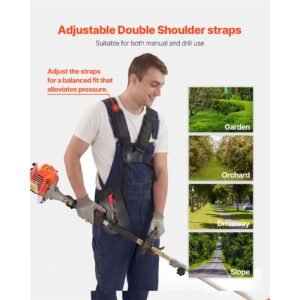 string trimmer, 26cc 2 in 1 weed wacker gas powered, 17" cordless grass trimmer with 10" brush cutter, shoulder strap & 3t blade, 2 stroke heavy duty gas weed wacker for quick grass cleaning