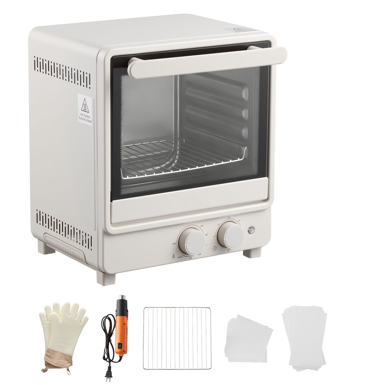 sublimation oven machine, 13 qt, fits 20oz tumblers, with 1 heat air gun, 50 shrink films, 1 tape and 2 heat gloves, oven for sublimation blank tumblers, mugs, bowls, off white