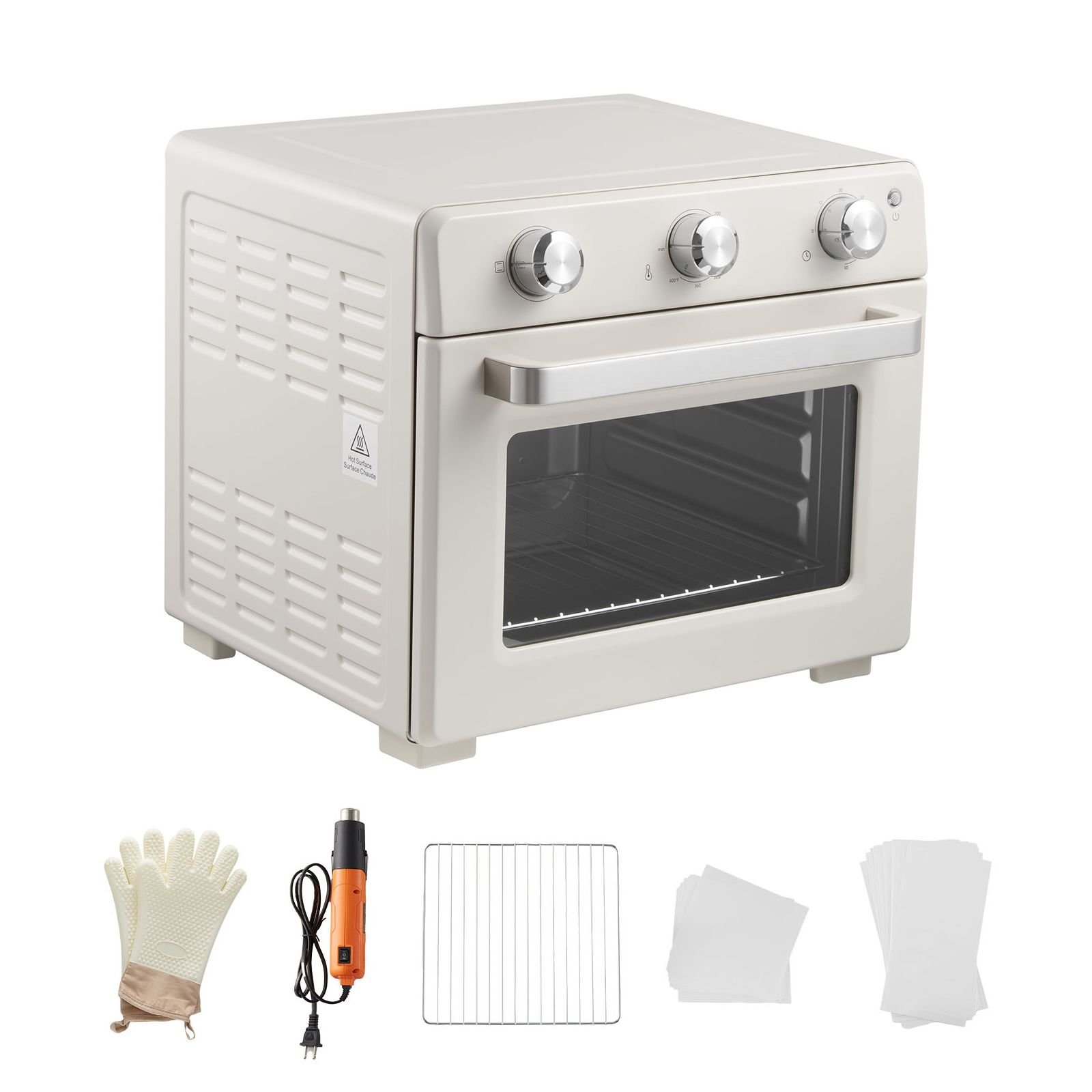 sublimation oven machine, 26 qt, fits 40oz tumblers, with 1 heat air gun, 50 shrink films, 1 tape and 2 heat gloves, 360° turbo convection for sublimation blank tumblers, mugs, bowls, off white