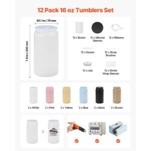 sublimation tumblers, 12 pack, 16 oz multicolored tumblers bulk, stainless steel sublimation cups with lids and straws, double wall insulated tumbler blank, for diy personalized customization